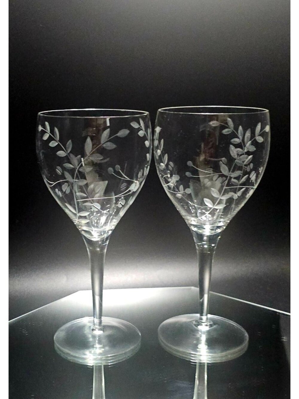 2 Colony Claridge Water Goblet 7.5" etched plant crystal blown glass romantic vt - Picture 5 of 7